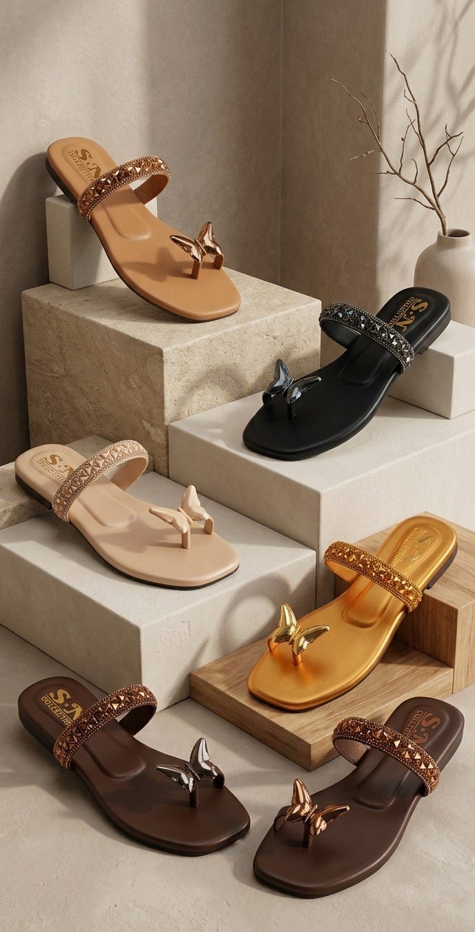 Stepra Butterfly Crystal Embellished Flat Sandals for Women | Women's Casual Flat Chappal