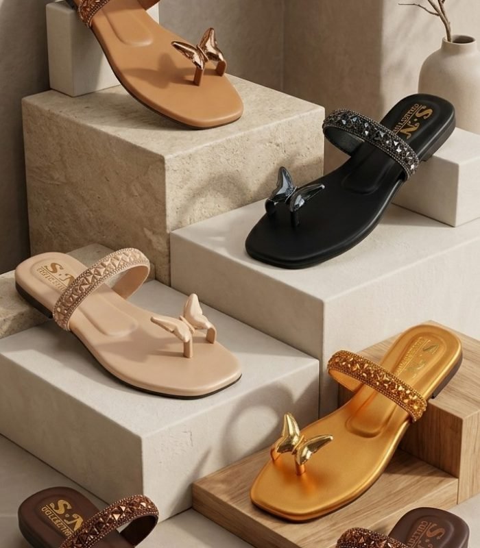 Stepra Butterfly Crystal Embellished Flat Sandals for Women | Women’s Casual Flat Chappal